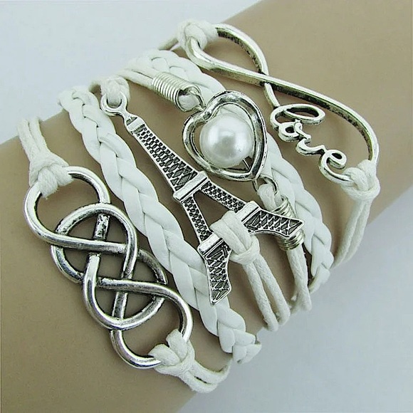 INFINITY LOVE HEART EIFFLE TOWER FRIENDSHIP LEATHER CHARM BRACELET - Picture 1 of 5